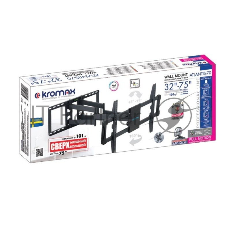 Кронштейн для телевизора Kromax ATLANTIS-70 черный 32-75 макс.101кг настенный поворотно-выдвижной и наклонный