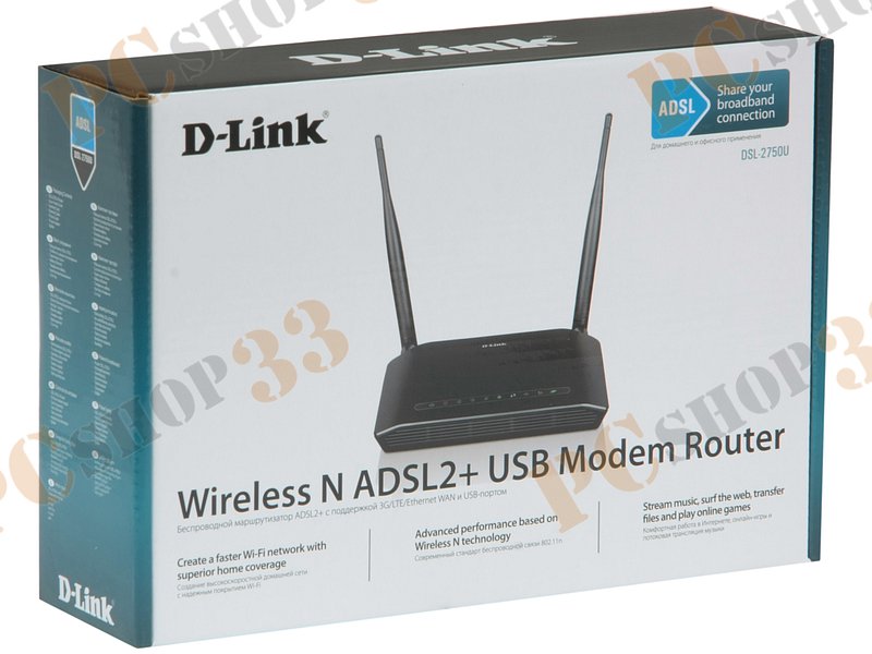 Модем DSL D-Link DSL-2750U/RA/U3A Annex A/L/M ADSL2/2+ + маршрутизатор 4 порта 100Мбит/сек. + точка доступа WiFi 300Мбит/сек. (LAN, WiFi)