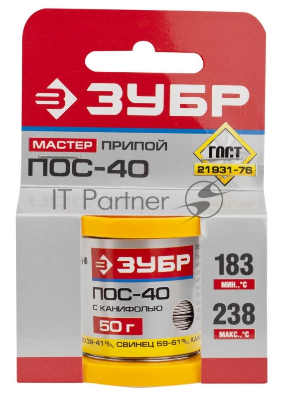 Припой ЗУБР 55451-050-08C ПОС 40 трубка с канифолью 50г 0.8мм