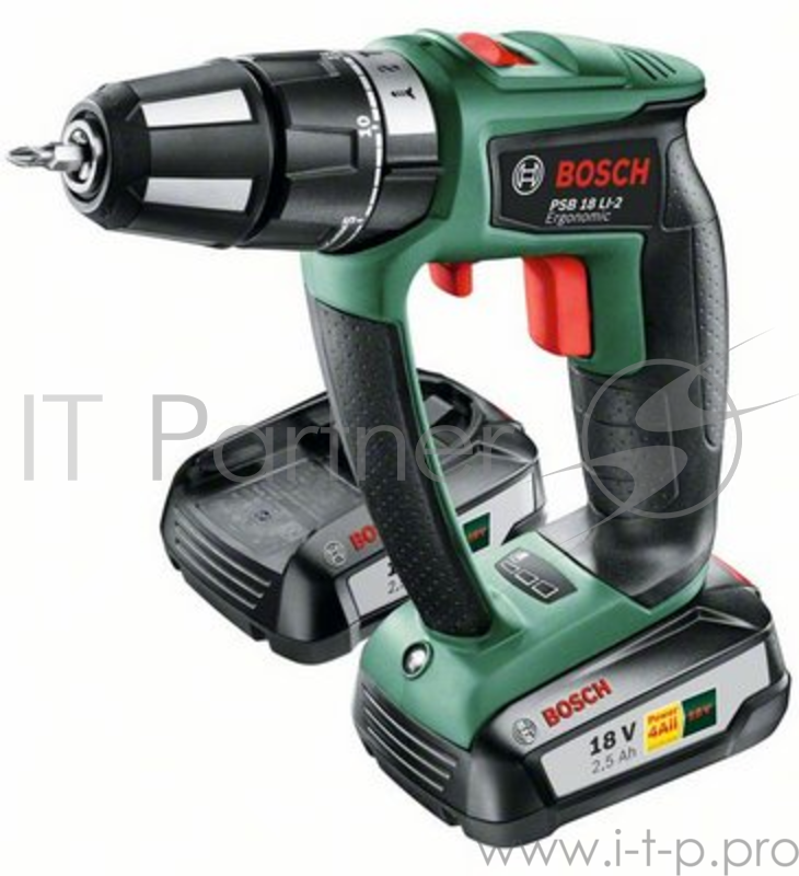 Дрель аккумуляторная ударн. BOSCH PSB 18 LI-2/2 Ergonomic (0.603.9B0.301) 18В 2.5Ач 0-430/0-1400об/