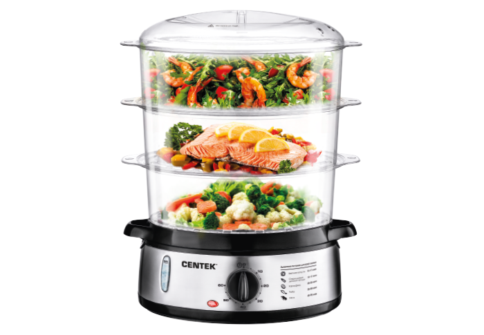 Пароварка Centek CT-1457 три корзины механическое управление мощность 800 Вт звуковой сигнал окончания работы чаша для риса в комплекте