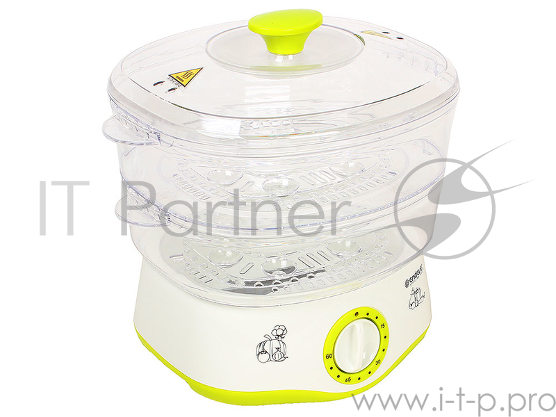 Пароварка Endever Vita-161, белый/зеленый, мощность 800 Вт, объем 4 л, два уровня готовки, индикатор питания, таймер с отключением до 60 минут