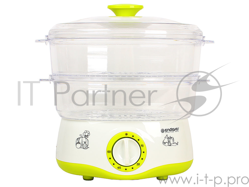 Пароварка Endever Vita-161, белый/зеленый, мощность 800 Вт, объем 4 л, два уровня готовки, индикатор питания, таймер с отключением до 60 минут