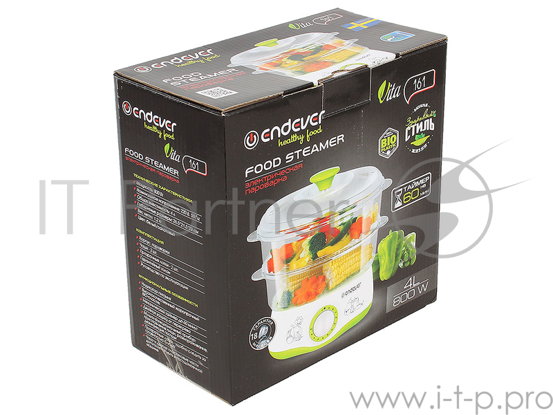 Пароварка Endever Vita-161, белый/зеленый, мощность 800 Вт, объем 4 л, два уровня готовки, индикатор питания, таймер с отключением до 60 минут