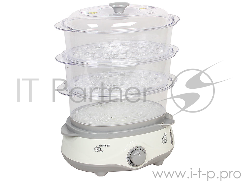 Пароварка Endever Vita-170, белый/серый, мощность 1000 Вт, объем 11 л, три уровня готовки, индикатор питания, контроль уровня воды, таймер с отключени