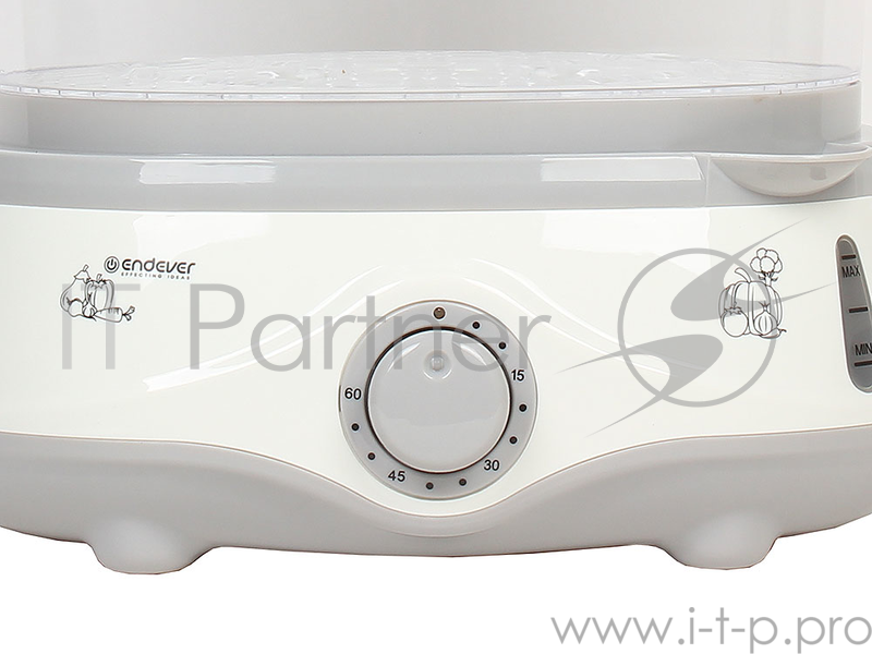 Пароварка Endever Vita-170, белый/серый, мощность 1000 Вт, объем 11 л, три уровня готовки, индикатор питания, контроль уровня воды, таймер с отключени