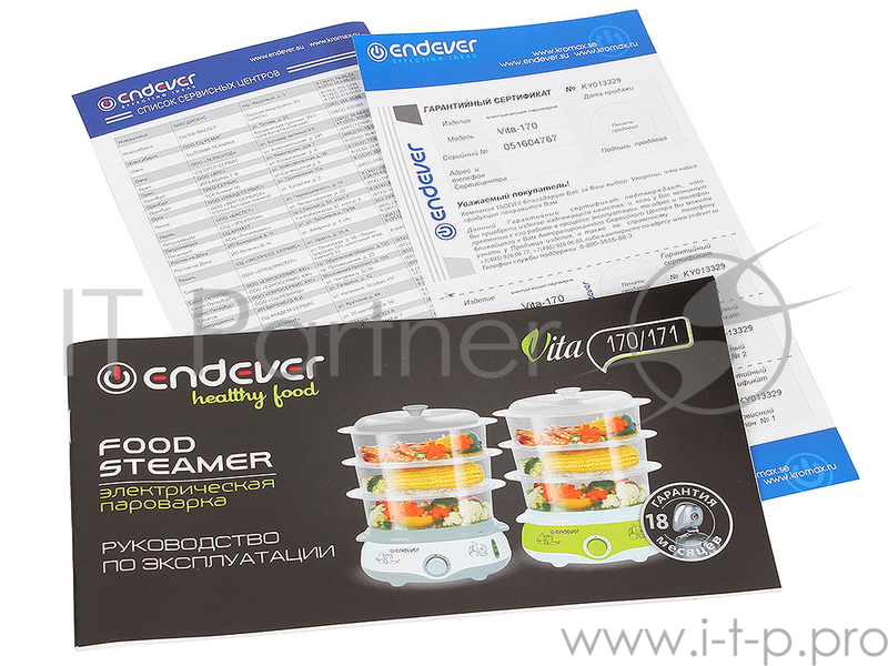 Пароварка Endever Vita-170, белый/серый, мощность 1000 Вт, объем 11 л, три уровня готовки, индикатор питания, контроль уровня воды, таймер с отключени