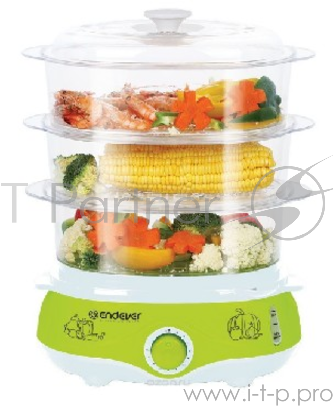 Пароварка Endever Vita-171, белый/зеленый, мощность 1000 Вт, объем 11 л, три уровня готовки, индикатор питания, контроль уровня воды, таймер с отключе