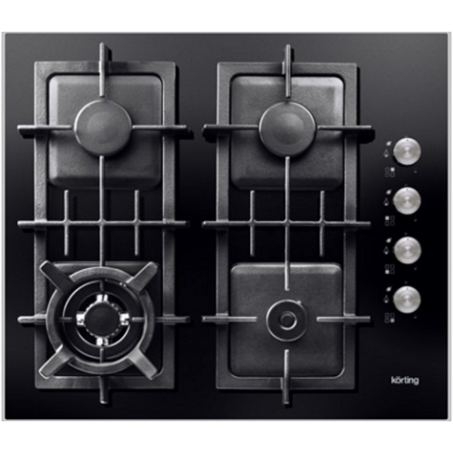 Встраиваемые газовые панели Korting Crystal, 58.5x50 см, газовая, стеклокерамика, независимая, электроподжиг, газ-контроль, чугунные решетки, в комплекте - подставка WOK и адаптер для кофейника, боковые металлические переключатели, черная