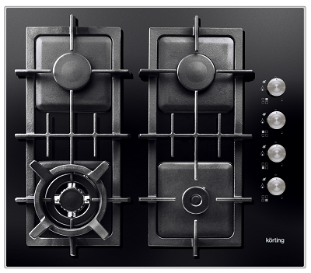Встраиваемые газовые панели Korting Crystal, 58.5x50 см, газовая, стеклокерамика, независимая, электроподжиг, газ-контроль, чугунные решетки, в комплекте - подставка WOK и адаптер для кофейника, боковые металлические переключатели, черная