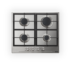 Встраиваемые газовые панели Korting Crystal, 60x51 см, газовая, независимая, электроподжиг, газ-контроль, чугунные решетки, металлические переключатели, нержавеющая сталь