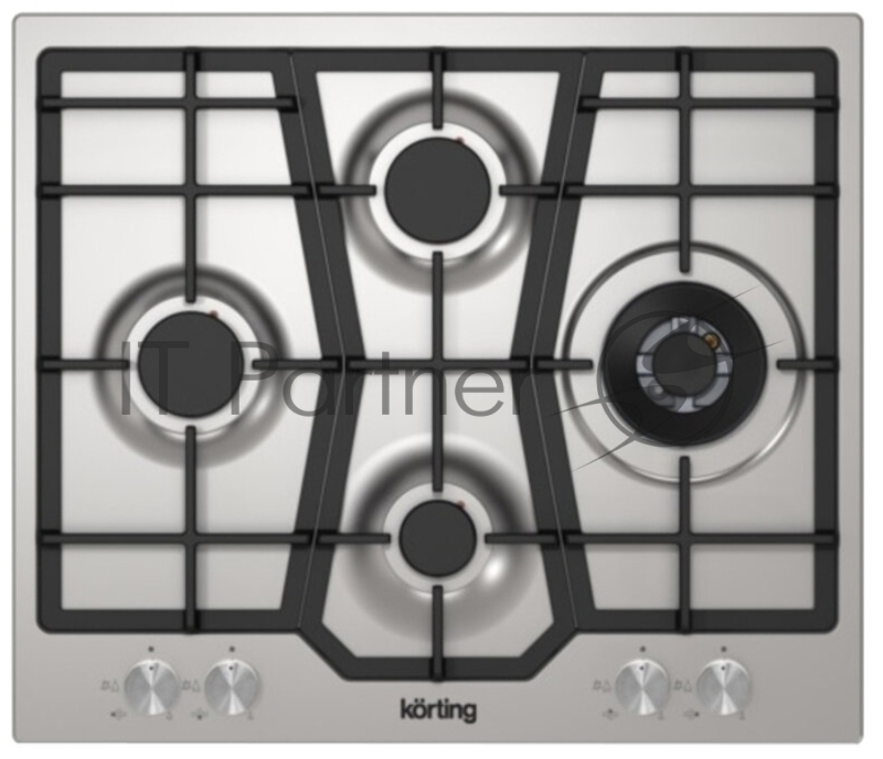 Встраиваемые газовые панели Korting Steel Pro, 60x51 см, газовая, независимая, ромбовидное расположение конфорок, электроподжиг, газ-контроль, чугунные решетки, адаптер для WOK-конфорки, нержавеющая сталь