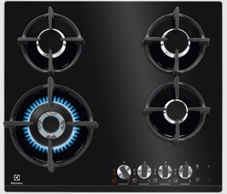 Встраиваемые газовые панели ELECTROLUX Встраиваемые газовые панели ELECTROLUX/ 60 см шириной, газ на стекле, 4 чугунных держателя, газконтроль варочной поверхности, интегрированный автоподжиг варочной поверхности, конфорки: Vertical Flame, средней мо