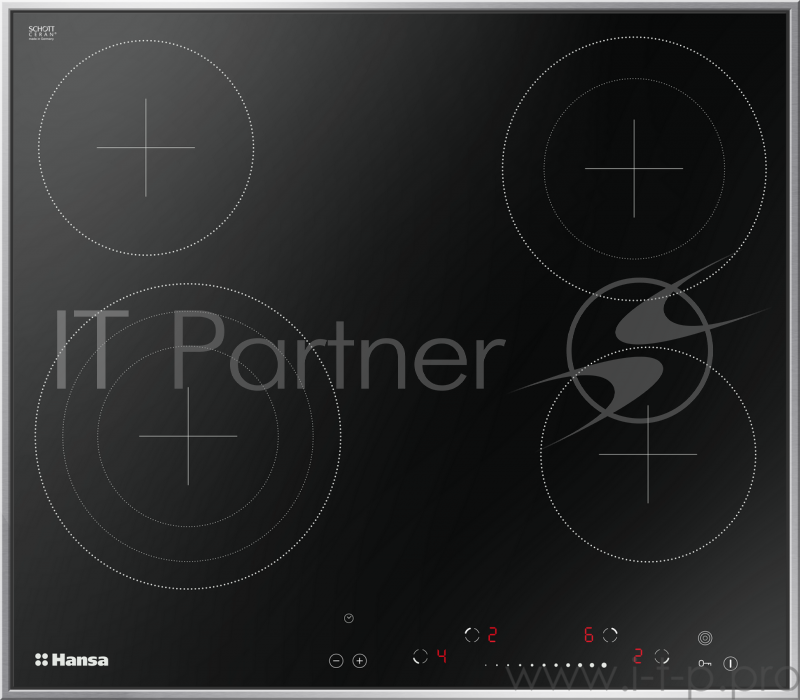 Встраиваемая варочная панель HANSA BHCI96808 / Стеклокерамика, тип нагрева Hi Light (2x14,5см, 1x12/18cм (двойная конфорка), 1x12см/17,5см/21cм (тройная конфорка), сенсорная панель управления, световые индикаторы, цифровой показатель степени нагрева,
