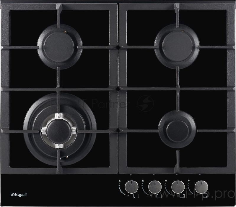 Встраиваемые газовые панели Weissgauff 60 см, газовая, независимая, поверхность из закаленного стекла, автоподжиг, газ-контроль, WOK, жиклёры для баллонного газа, чугунные решетки, черная