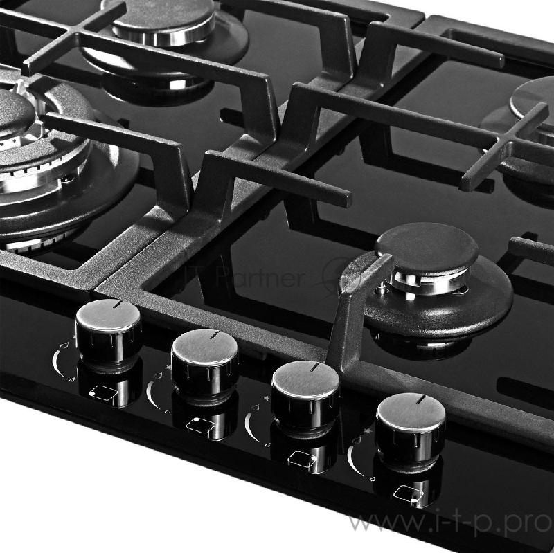 Встраиваемые газовые панели Weissgauff 60 см, газовая, независимая, поверхность из закаленного стекла, автоподжиг, газ-контроль, WOK, жиклёры для баллонного газа, чугунные решетки, черная