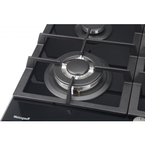 Встраиваемые газовые панели Weissgauff 60 см, газовая, независимая, поверхность из закаленного стекла, автоподжиг, газ-контроль, WOK, жиклёры для баллонного газа, чугунные решетки, черная