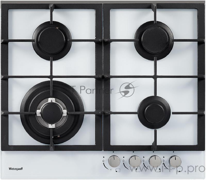 Встраиваемые газовые панели Weissgauff 60 см, газовая, независимая, поверхность из закаленного стекла, автоподжиг, газ-контроль, WOK, жиклёры для баллонного газа, чугунные решетки, белая