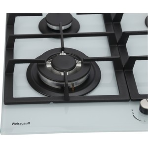 Встраиваемые газовые панели Weissgauff 60 см, газовая, независимая, поверхность из закаленного стекла, автоподжиг, газ-контроль, WOK, жиклёры для баллонного газа, чугунные решетки, белая
