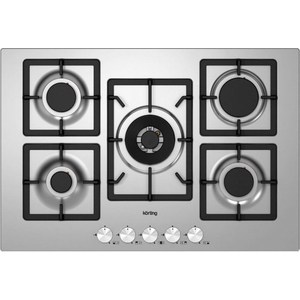 Встраиваемые газовые панели Korting Crystal, Газовая варочная панель 75 см, 5 высокоэффективных конфорок, WOK- сверхмощная конфорка с тройным рядом пламени, автоматический электроподжиг, газ-контроль каждой конфорки, передние металлические переключат