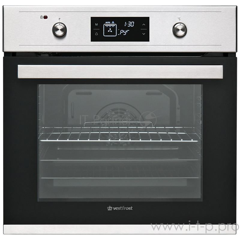 Встраиваемые электрические духовки Vestfrost 59,5х57,5х55, 68л, 8 режимов, гриль, таймер, пиролиз, дисплей, черный + панель нерж.сталь