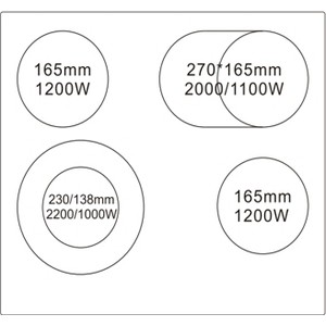 Встраиваемые электрические панели Weissgauff 60 см, стеклокерамика Vitro Ceramic Glass, сенсорное+слайдерное управление, 1 конфорка с двойной зоной нагрева, 1 конфорка с овальной зоной нагрева, автоотключение, индикация степени нагрева, таймер, блоки