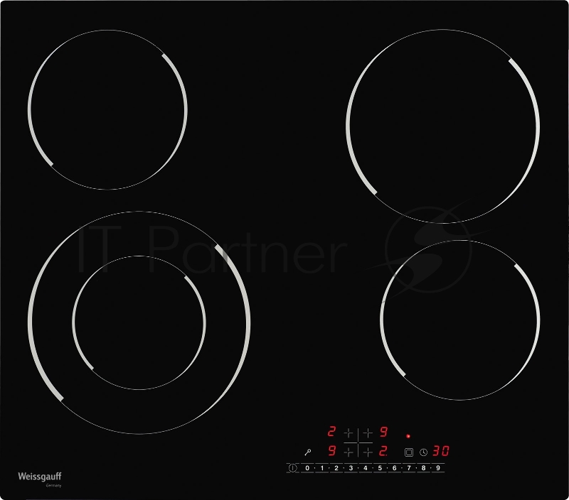 Встраиваемые электрические панели Weissgauff 60 см, стеклокерамика Vitro Ceramic Glass, сенсорное+слайдерное управление, 1 конфорка с двойной зоной нагрева, автоотключение, индикация степени нагрева, таймер, блокировка от детей, черная