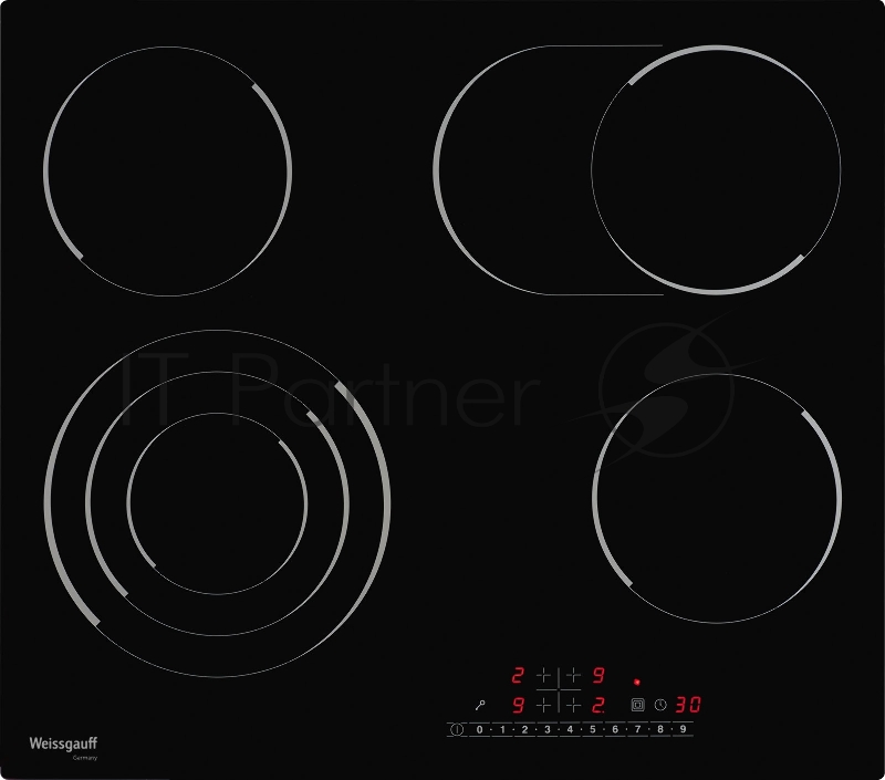 Встраиваемые электрические панели Weissgauff 60 см, стеклокерамика Vitro Ceramic Glass, сенсорное+слайдерное управление, 1 конфорка с тройной зоной нагрева, 1 конфорка с овальной зоной нагрева, автоотключение, индикация степени нагрева, таймер, блоки