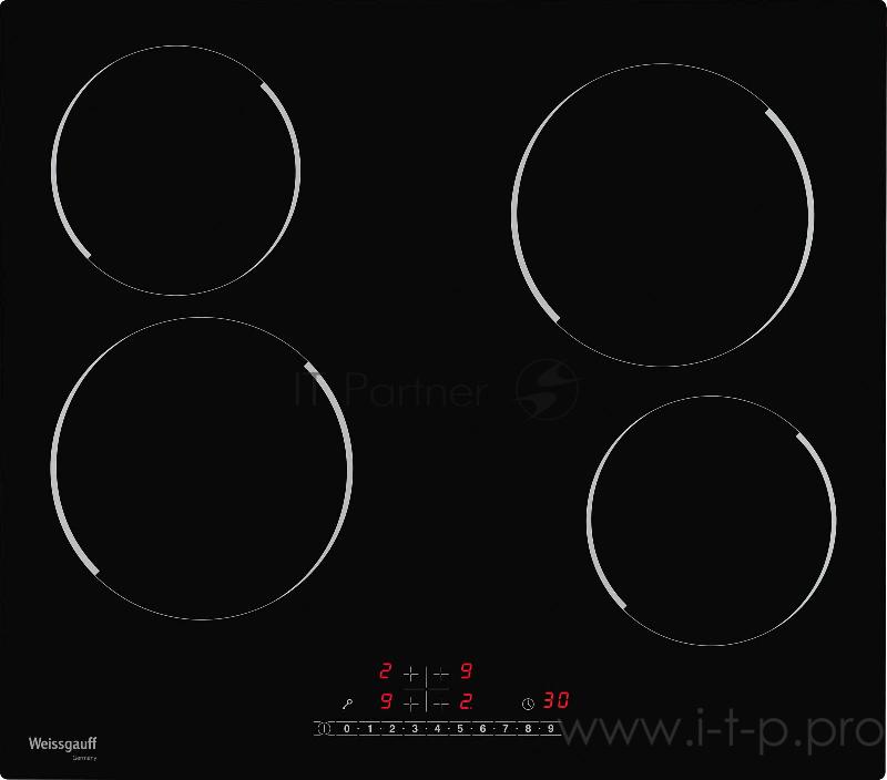 Встраиваемые электрические панели Weissgauff 60 см, стеклокерамика Vitro Ceramic Glass, сенсорное+слайдерное управление, автоотключение, индикация степени нагрева, таймер, блокировка от детей, черная