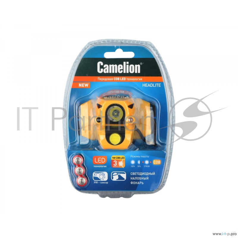 фонарь налобный Camelion LED5376 (COB, сенсор, 6 реж, 3XLR03 в компл, пласт, откр. блист)