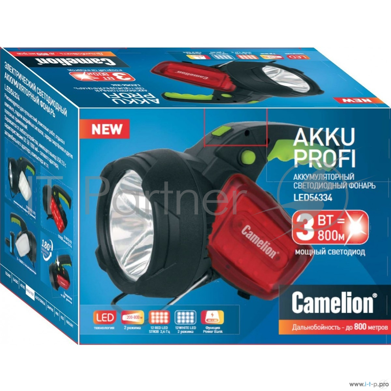фонарь Camelion LED56334 (аккум., карбон, 3W CREE+12LED+12redLED, 5В 4А-ч, пластик, коробка)