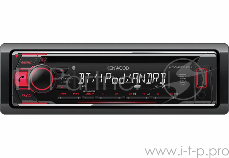 Автомагнитола KENWOOD KDC-BT510U Bluetooth, красная подсветка, 1 пара линейных выходов, USB 1,5A, 13-полосный EQ, DTA, управление iPod/iPhone и Android, 3-полосный кроссовер, FLAC до 24бит/48кГц, управление настройками через приложение
