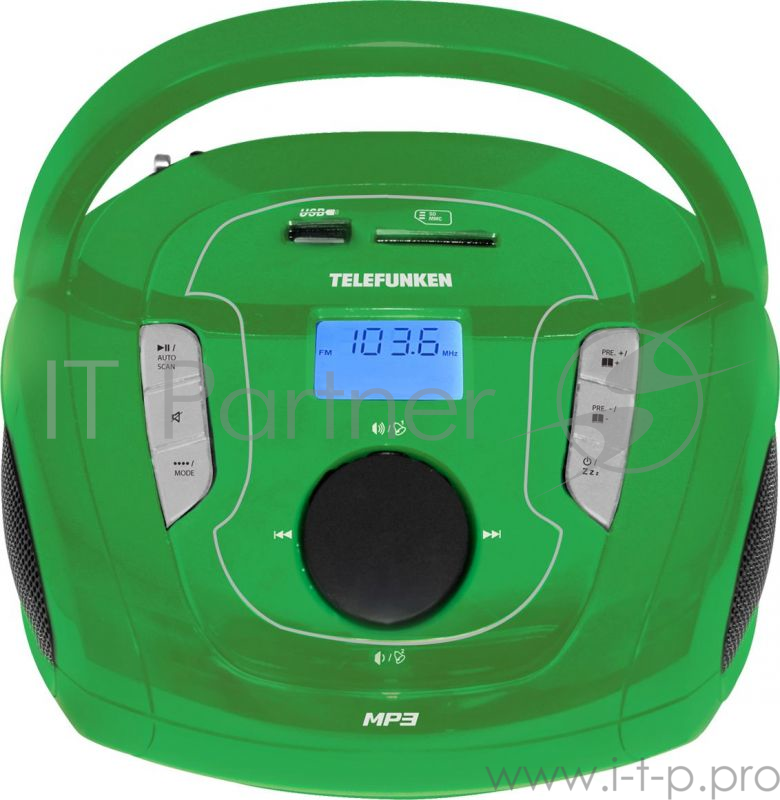 Аудиомагнитола Telefunken TF-SRP3471B зеленый 3Вт/MP3/FM(dig)/USB/BT/SD