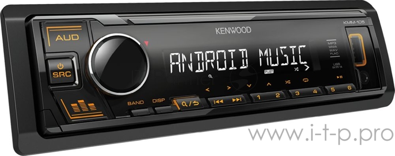 Аудиомагнитола KENWOOD KMM-105AY (2019, Тюнер/USB/AUX, янтарная подсветка, FLAC/WAV/MP3/WMA, Android, 1 пара линейных выходов, 3-полосный параметрический эквалайзер, короткий корпус 100мм, 2 кнопки прямого доступа - к аудионастройкам и к предустано