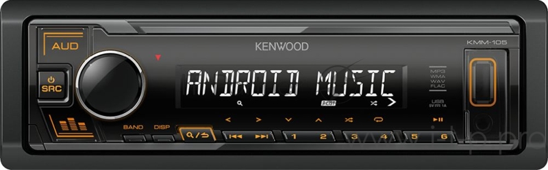 Аудиомагнитола KENWOOD KMM-105AY (2019, Тюнер/USB/AUX, янтарная подсветка, FLAC/WAV/MP3/WMA, Android, 1 пара линейных выходов, 3-полосный параметрический эквалайзер, короткий корпус 100мм, 2 кнопки прямого доступа - к аудионастройкам и к предустано