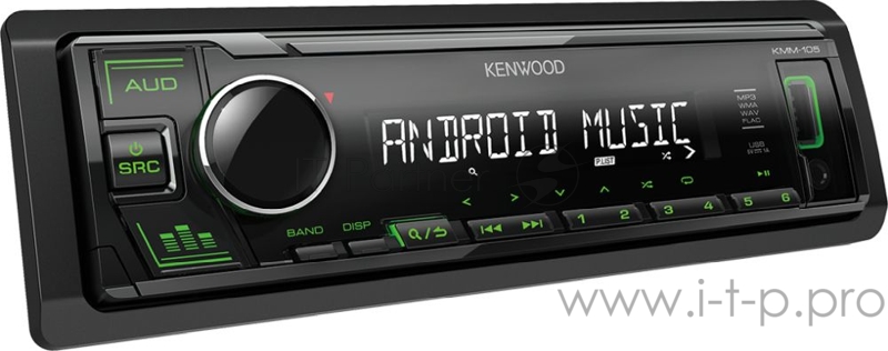 Аудиомагнитола KENWOOD KMM-105GY (2019, Тюнер/USB/AUX, зеленая подсветка, FLAC/WAV/MP3/WMA, Android, 1 пара линейных выходов, 3-полосный параметрический эквалайзер, короткий корпус 100мм, 2 кнопки прямого доступа - к аудионастройкам и к предустанов