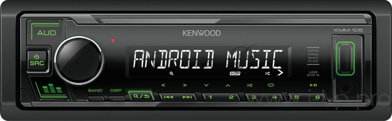 Аудиомагнитола KENWOOD KMM-105GY (2019, Тюнер/USB/AUX, зеленая подсветка, FLAC/WAV/MP3/WMA, Android, 1 пара линейных выходов, 3-полосный параметрический эквалайзер, короткий корпус 100мм, 2 кнопки прямого доступа - к аудионастройкам и к предустанов