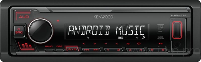 Аудиомагнитола KENWOOD KMM-105RY (2019, Тюнер/USB/AUX, красная подсветка, FLAC/WAV/MP3/WMA, Android, 1 пара линейных выходов, 3-полосный параметрический эквалайзер, короткий корпус 100мм, 2 кнопки прямого доступа - к аудионастройкам и к предустанов