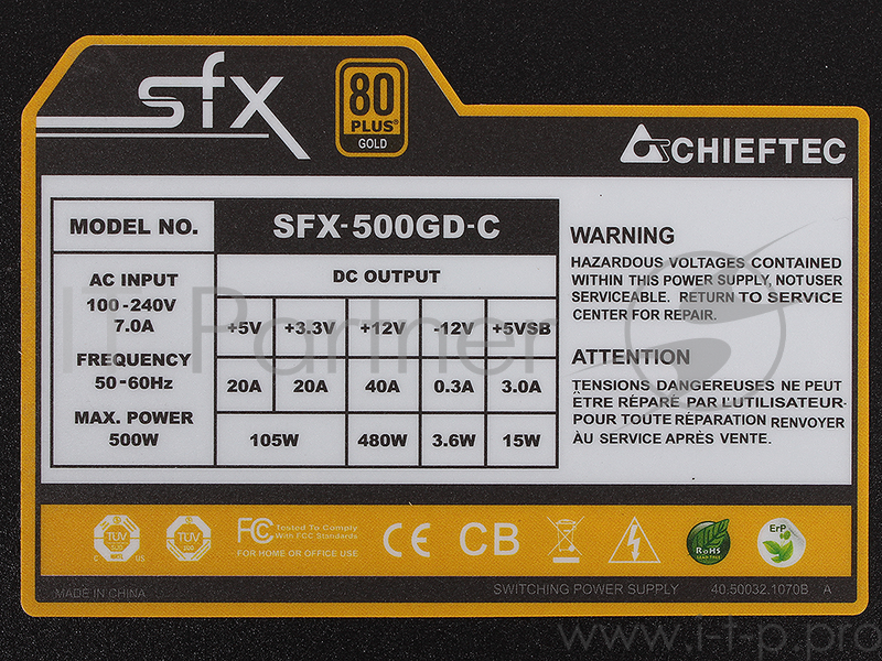 Блок питания Chieftec 500W Retail SFX-500GD-C SFX v2.3/EPS, 80+ GOLD, КПД >90%, 2x PCI-E (6+2-Pin), 4x SATA, 2x MOLEX, Fan 8cm
