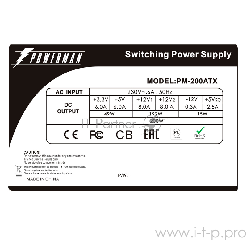 Блок питания POWERMAN 200W (PM-200ATX) for EQ series, ITX, no PFC, 4cm Fan <6117453> OEM