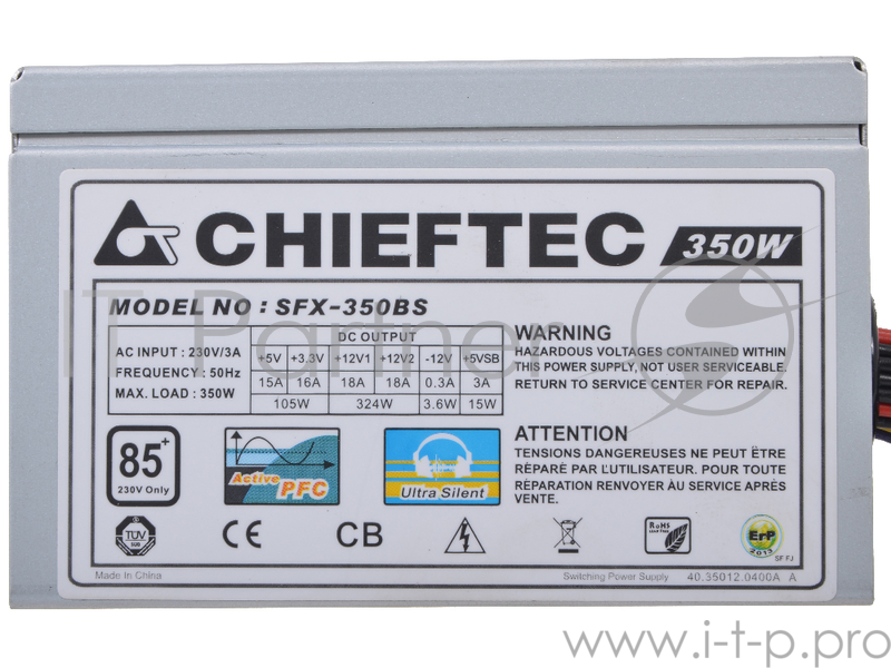 Блок питания Chieftec 350W OEM SFX-350BS SFX, v2.3, A.PFC, КПД>85%, 2x SATA, 2x MOLEX, Fan 8 cm.
