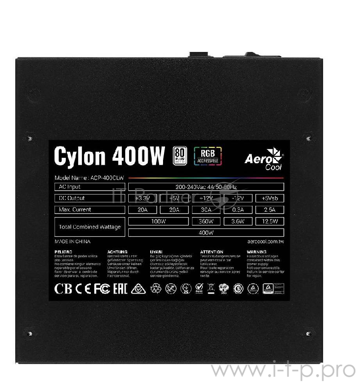 Блок питания Aerocool ATX 400W CYLON 400 80+ (24+4+4pin) 120mm fan color 4xSATA RTL