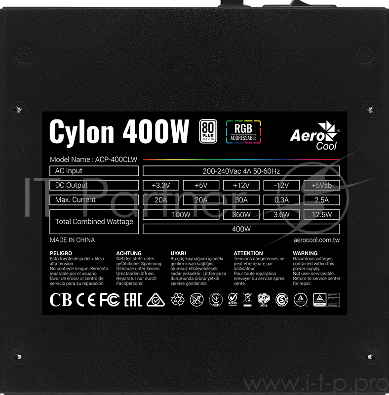 Блок питания Aerocool ATX 400W CYLON 400 80+ (24+4+4pin) 120mm fan color 4xSATA RTL