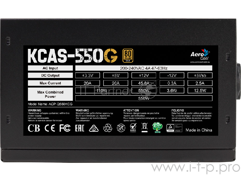 Блок питания Aerocool KCAS-550G RGB (ATX 2.4, 550W, Active PFC, 120mm fan, 80 PLUS GOLD) Box