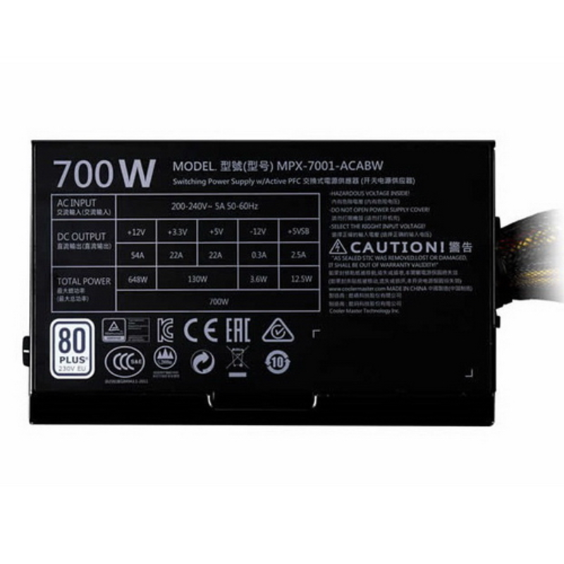 Блок питания 700 Ватт Power Supply Cooler Master MasterWatt Lite, 700W, ATX, 120mm, 6xSATA, 4xPCI-E(6+2), APFC, 80+