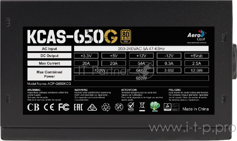 Блок питания Aerocool KCAS-650G RGB (ATX 2.3, 650W, Active PFC, 120mm fan, 80 PLUS GOLD) Box