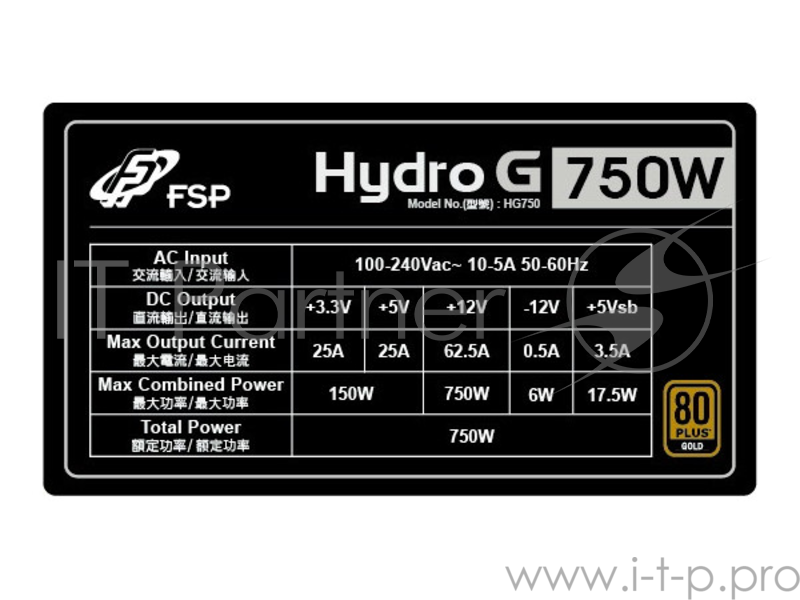 Блок питания FSP Hydro G 750W v.2.4,A.PFS,80 Plus Gold,Fan 13,5 cm,Fully Modular,Retail