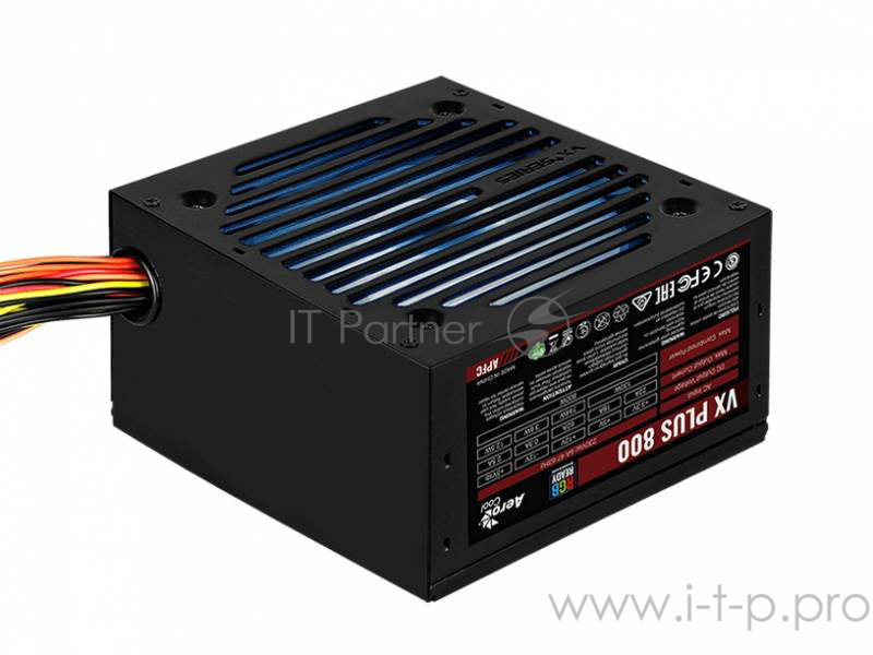 Блок питания Aerocool 800W Retail VX PLUS 800 RGB , подсветка, ATXv2.3 Haswell, fan 12cm, 500mm cable, power cord, PCIe 6+2P x4, SATA x6, PATA x4, FDD