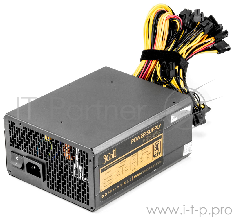 Блок питания для майнинга 3Cott 1600W 3Cott-M1600A, OEM , ATX, КПД>85%, 20+4P, 8P, 12x PCI-E (6+2P), 7x SATA, 8x MOLEX, 14cm fan, 1,5m power cord ,