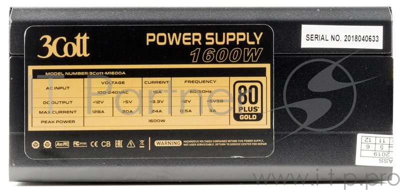 Блок питания для майнинга 3Cott 1600W 3Cott-M1600A, OEM , ATX, КПД>85%, 20+4P, 8P, 12x PCI-E (6+2P), 7x SATA, 8x MOLEX, 14cm fan, 1,5m power cord ,